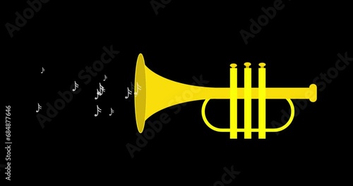 4k trumpet music instrument with notes animation on black background for wedding and festival invitation decoration