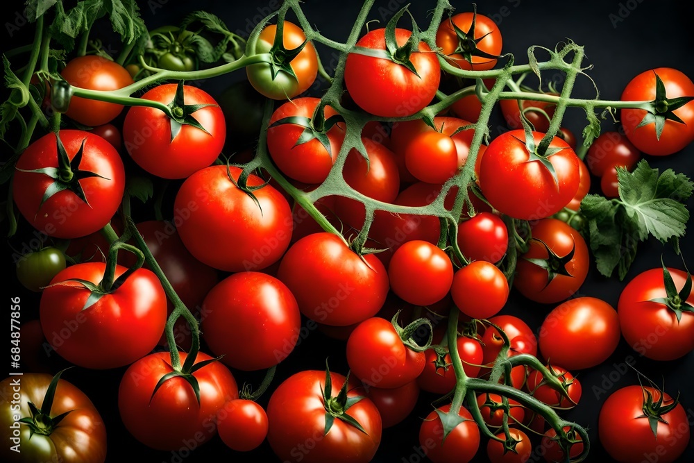 A bunch of ripe juicy red tomatoes on the vine isolated against a transparent background-