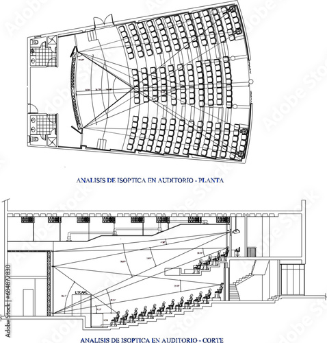 vector illustration of a detailed sketch of the interior plan and section of the auditorium hall of a modern performance building