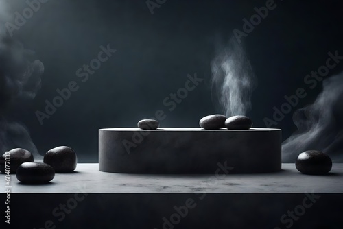 Abstract minimal concept. Dark background with natural granite stones podium on water and smoke surrounding. Mock up template for product presentation. 3D rendering. copy text space photo