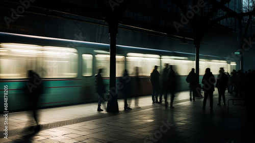 train station background concept passenger transport, foggy silhouettes in motion blur, gloomy atmosphere depressive mood