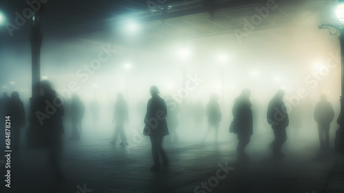 a crowd of people in blurry motion in the fog of a city street  abstract background  urban smoke  concept social issues