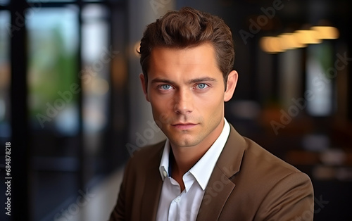Portrait of handsome man in formal suit looking at camera at office background.