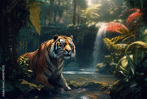 tropical stream and tiger. generative ai © LivroomStudio