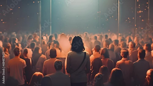Minimal flat motion of a person feeling anxious about not being able to attend a popular event or concert, experiencing FOMO as they see others posting 2D cartoon animation. . photo