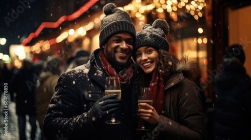 People celebrating new year eve in city center with sparklers and firework © klepach