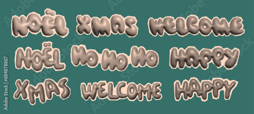 Happy Christmas trendy halftone icons, collage of vintage 90s style of paper magazine clippings.