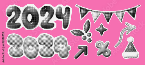 Christmas and New Year trendy halftone icons, collage of vintage 90s style of paper magazine clippings. Composed of big amount of circles.