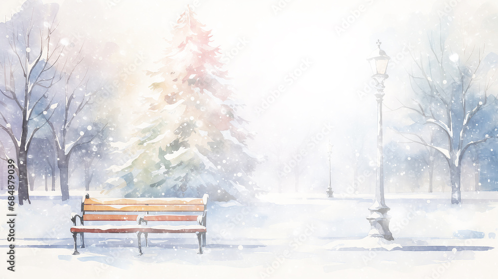 christmas park, light white background park bench, watercolor illustration, abstract holiday background