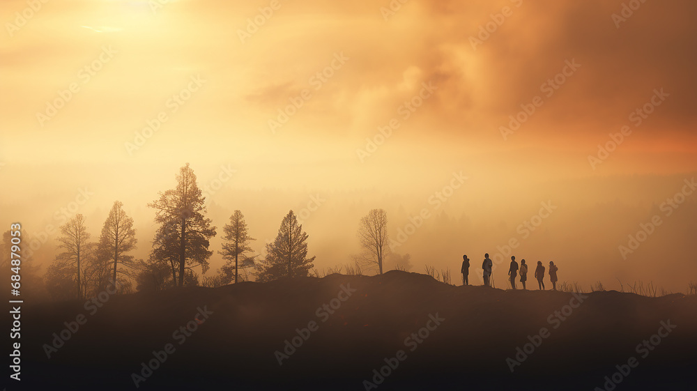 panorama of a forest fire. a group of silhouettes of people watching the landscape glow of a large wild forest fire, natural disaster cataclysm, climate warming