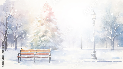 christmas park  light white background park bench  watercolor illustration  abstract holiday background