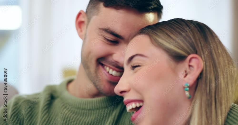 Couple, love and laughing on home sofa with happiness, care and support in healthy marriage. A happy man and woman together in a lounge talking about a funny joke, bonding time or relax on couch Couple, love and laughing on home sofa with happiness, care and support in healthy marriage. A happy man and woman together in a lounge talking about a funny joke, bonding time or relax on couch