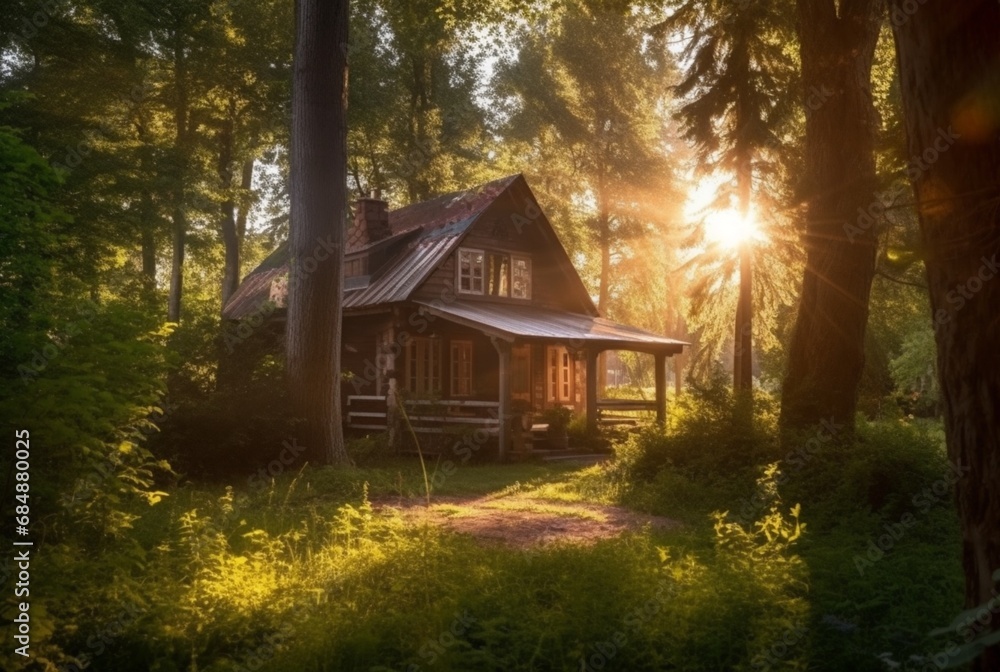 wooden house in the middle of the forest with the beauty of the afternoon sun. generative ai