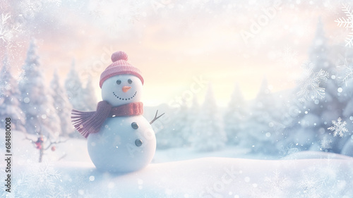greeting card with a snowman  merry christmas and happy new year  light blurred background cartoon snowman in a snowfall  winter postcard