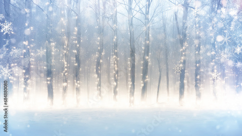 blurry Christmas background  a winter forest in a snowfall  snow-covered trees decorated with small glowing lights  a fairytale landscape