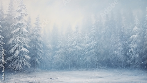 fog in the winter forest landscape at dawn, calm wildlife, bright white panoramic view © kichigin19