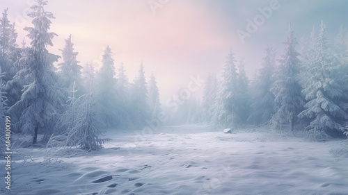 fog in the winter forest landscape at dawn, calm wildlife, bright white panoramic view