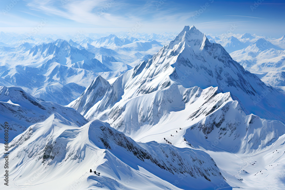 A mountain range covered in snow under a blue sky created with generative AI technology