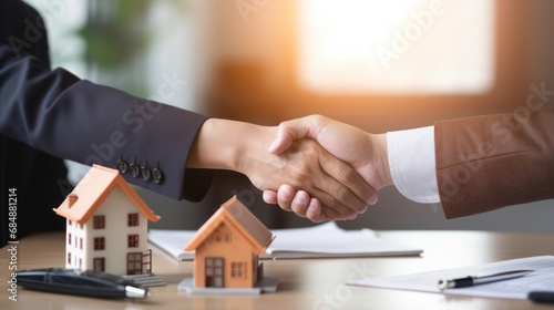 lease, rental and selling home. Dealership manager handshake customer to the new homeowner. rent house, Sales, loan credit financial, insurance, Seller, dealer, installment gen by AI photo