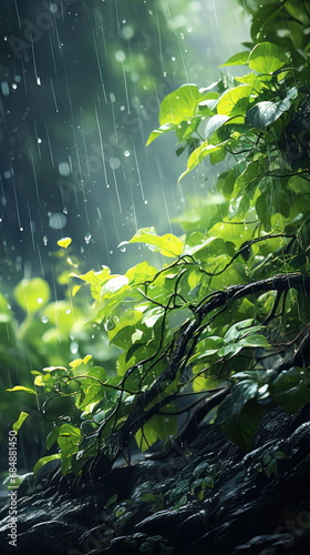 Spring rain refreshment background captures the serene beauty of raindrops cascading through young green leaves  a moment of pure rejuvenation.