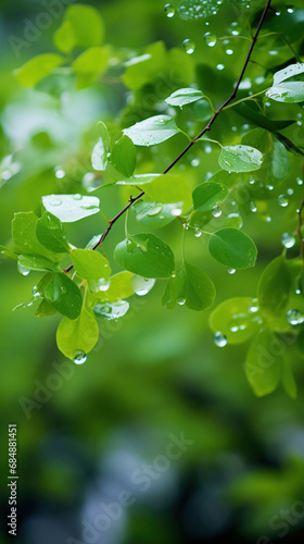 Spring rain refreshment background with vibrant green leaves dripping with fresh rainwater, embodying the essence of spring's revitalizing touch.