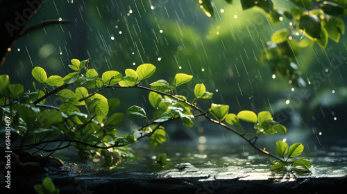 Gentle rain shower background highlighting the radiant green leaves and the dynamic life-giving essence of rainfall.