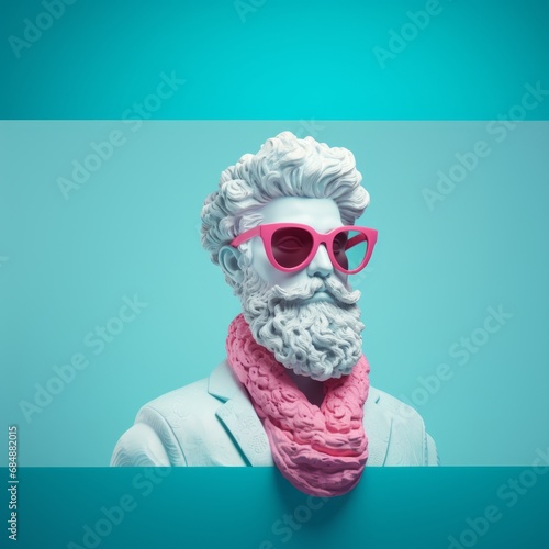 Humorous portrait of an ancient Greek marble statue of a hipster man with beard, mustache wearing sunglasses. Fashionable male model. Minimal concept of winter season fashion collection. Studio shot