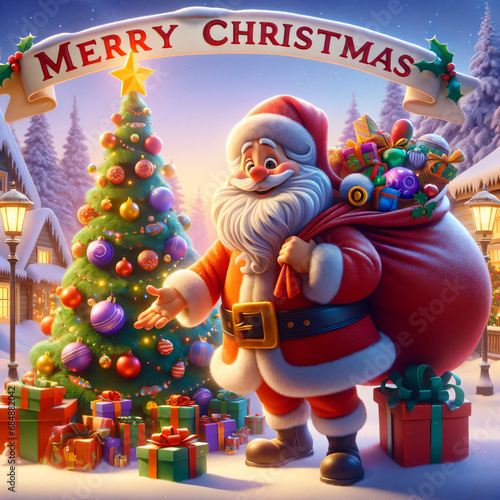 Cartoon Santa Claus with Christmas Tree, Presents, Merry Christmas Banner