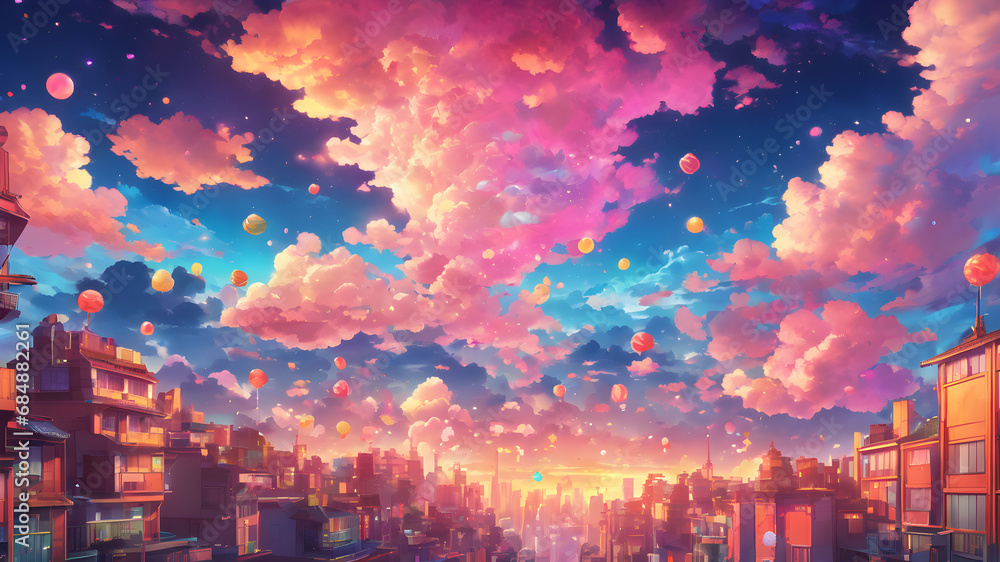 Adorable Sky Full of Cotton Clouds. Anime Style. Sunset. - obrazy, fototapety, plakaty 