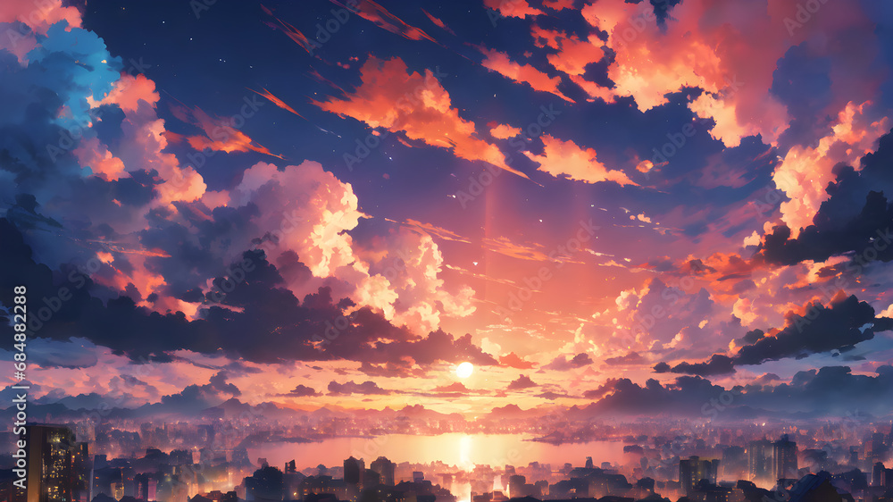 Adorable Sky Full of Cotton Clouds. Anime Style. Sunset.