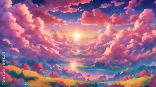 Adorable Sky Full of Cotton Clouds. Anime Style. Sunset.