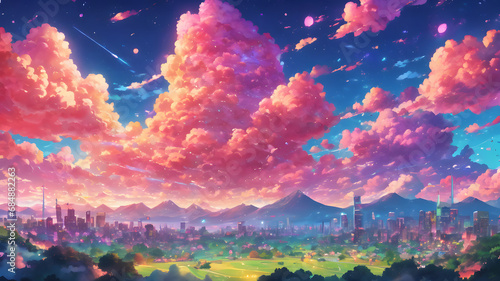 Adorable Sky Full of Cotton Clouds. Anime Style. Sunset.