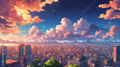 Adorable Sky Full of Cotton Clouds. Anime Style. Sunset.