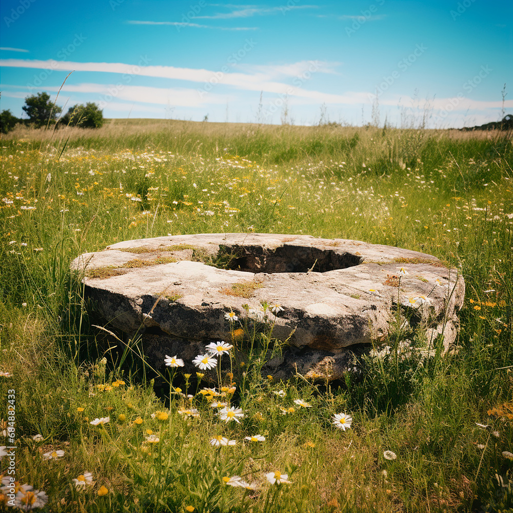 Pozo de piedra antiguo en medio de un prado Pozo de piedra antiguo en medio de un prado