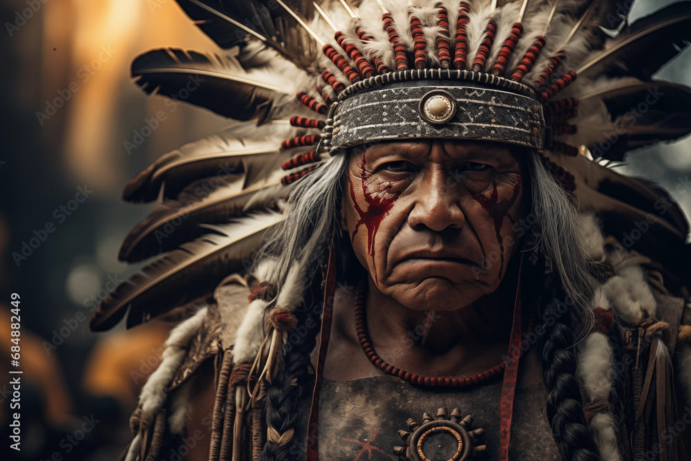 A detailed image of a Native American warrior adorned in ceremonial attire, highlighting the craftsmanship of traditional weapons and ornaments