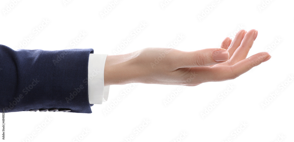 Woman showing hand on white background, closeup