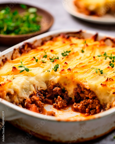 Plato de lasaña de carne y queso generado por ia