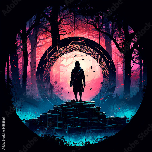 ilustracion de un hombre en un bosque con el sol en el horizonte en un circulo magico photo