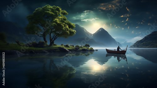 beautiful lake landscape in the night with full moon and mountain in the background, calm water, reflection, fisherman with lantern