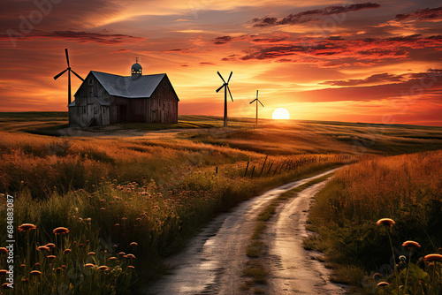 A painting of a farm with windmills in the background