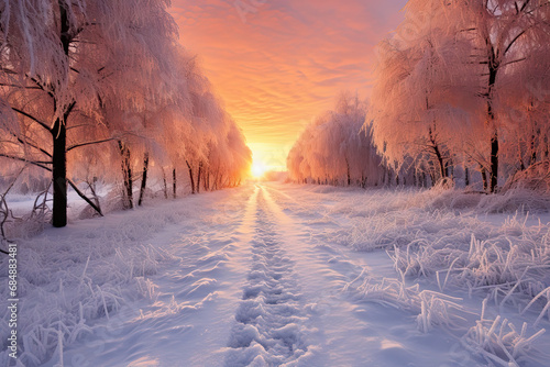 A painting of a snowy path leading to a setting sun