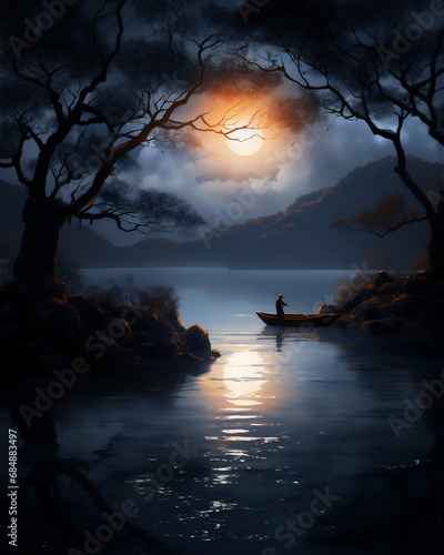 beautiful lake landscape in the night with full moon and mountain in the background, calm water, reflection, fisherman with lantern