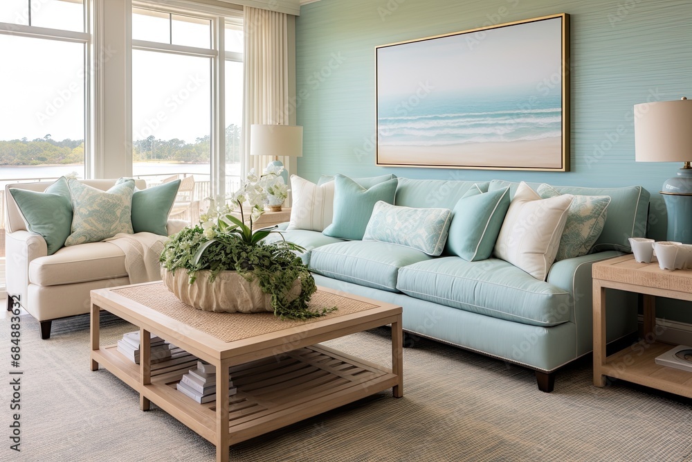 Fototapeta premium Optimal Coastal Design: Embracing Soothing Ocean Colors in a Coastal Living Room