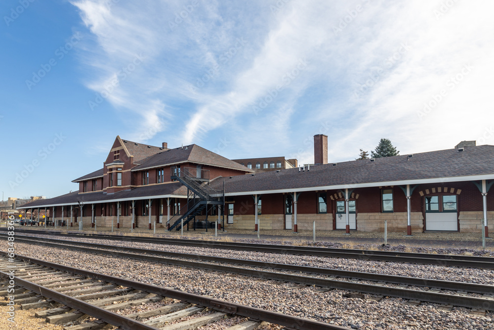Historic 19th century brick and stone passenger railway depot in Mankato, Minnesota