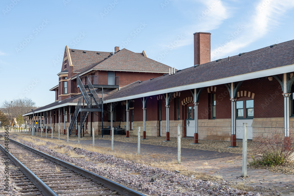 Historic 19th century brick and stone passenger railway depot in Mankato, Minnesota