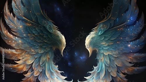 A pair of wings soaring among the stars radiating with harmonious energy Zodiac Astrology concept. . photo