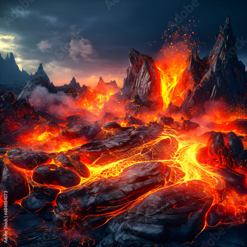 A heartbroken volcano reveals its tormented soul, spewing fiery despair into the abyss photo