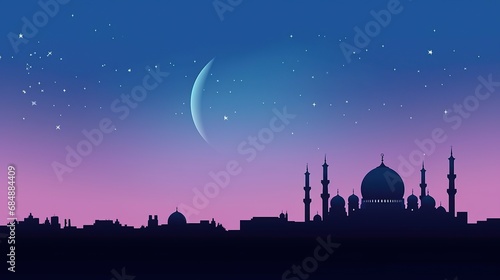 Silhouettes of Mosque dome and crescent moon in the background, symbol of Islamic religion and empty space for text. Generative AI