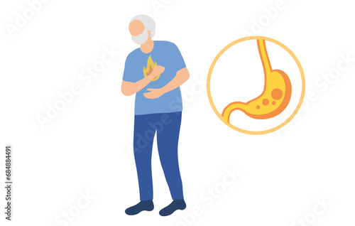 Elderly suffering from GERD gastroesophageal reflux acid stomach. Digestive disorder causes heartburn pain or acid reflux indigestion vector illustration