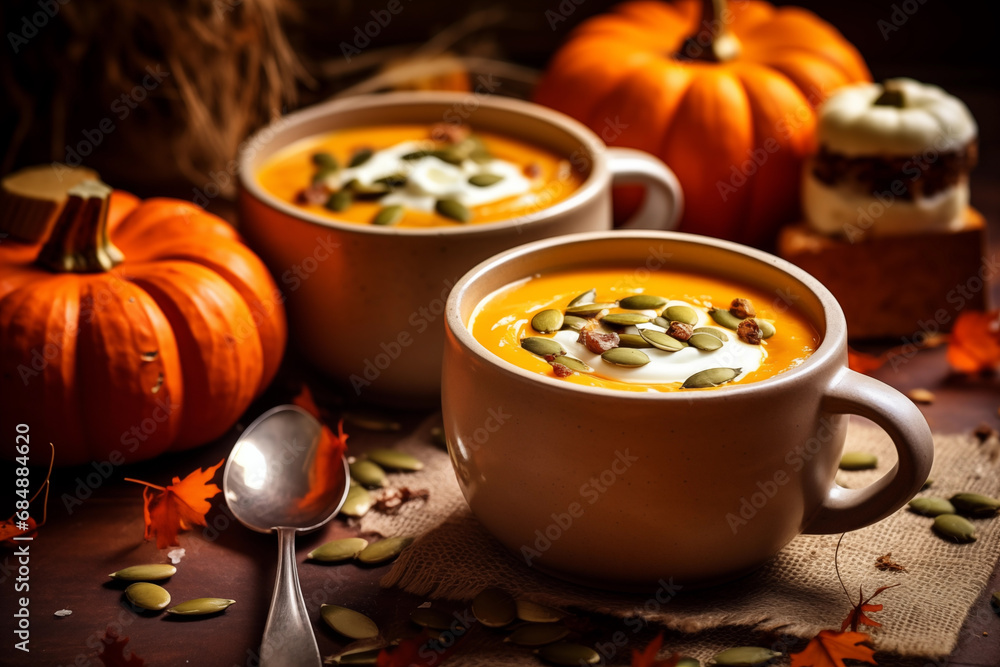 A cozy autumn soup scene with a steaming bowl of butternut squash soup, garnished with toasted pumpkin seeds and a swirl of cream. A cozy autumn soup scene with a steaming bowl of butternut squash soup, garnished with toasted pumpkin seeds and a swirl of cream.